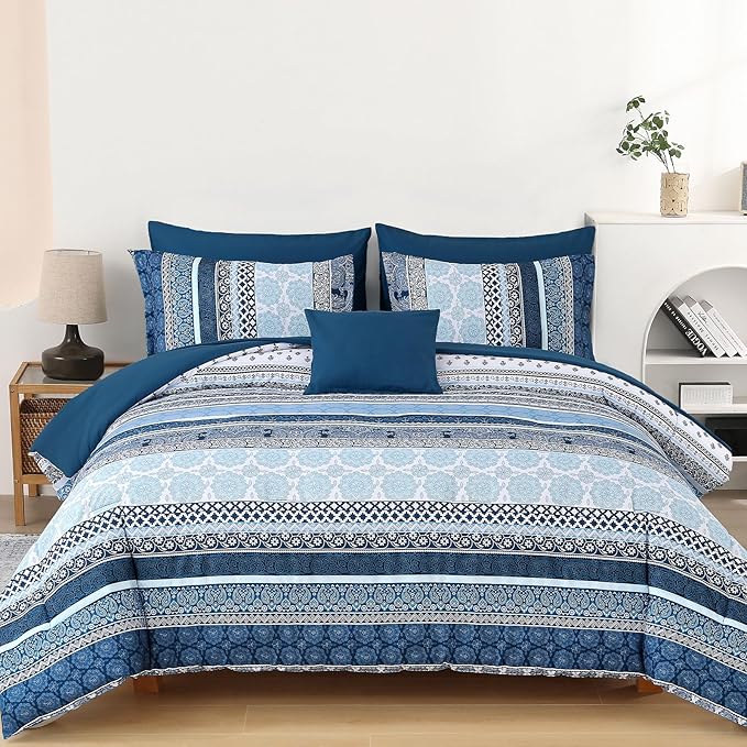 Boho Comforter Set Full Size,8 Pieces Navy Blue Bohemian Striped Bed in a Bag,Paisley Soft Microfiber Bedding Comforter Set