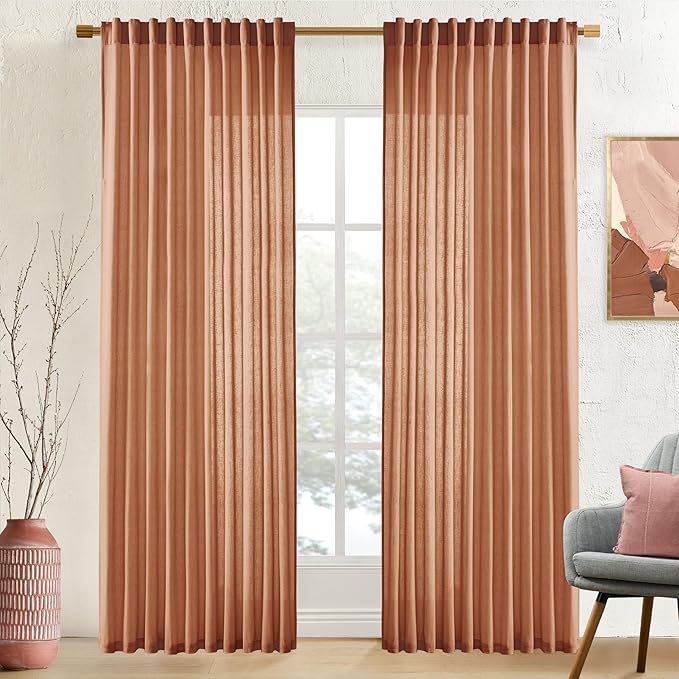 XTMYI Terracotta Country Curtains for Living Room,Sheer Linen Curtains for Bedroom 90 Inches Long,70 Inches Wide