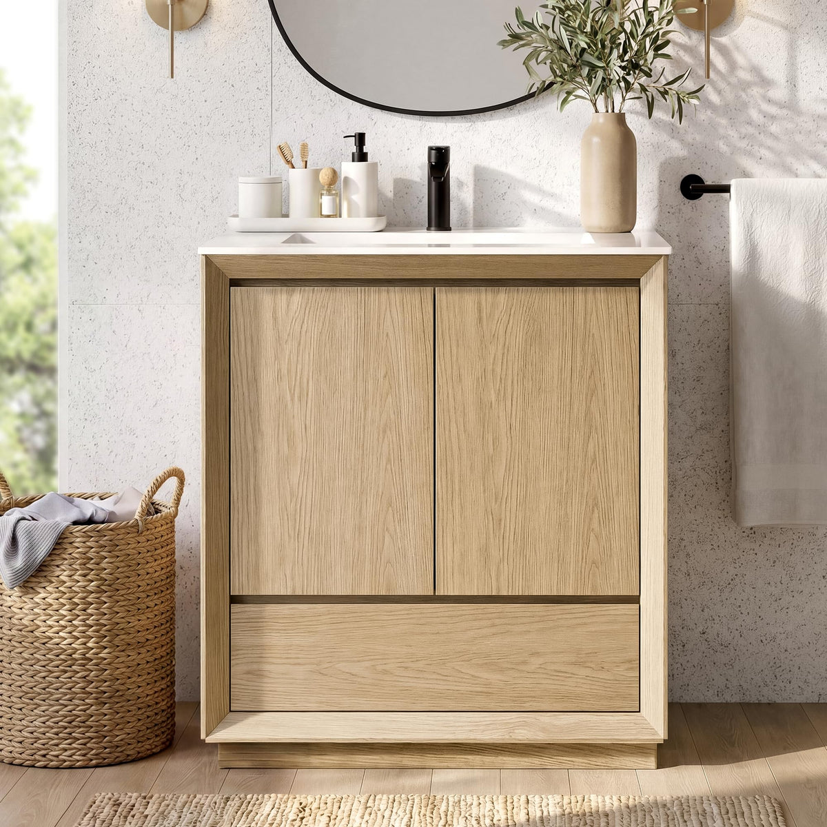 ModernMate 30" Bathroom Vanity with Sink, Wood Bathroom Cabinet with Drawer & Soft Close Doors, Freestanding Bath Storage Cabinet with Upgraded SMC Basin Combo, Natural Wood
