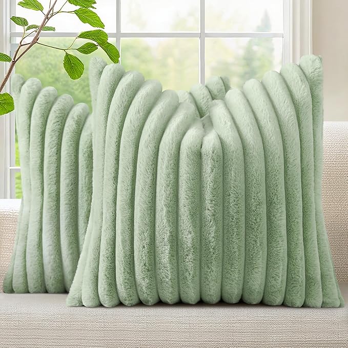 decorUhome Faux Fur Spring Throw Pillow Covers 22x22 Set of 2, Decorative Soft Plush Striped Neutral Couch Euro Pillow Covers with Velvet Back for Sofa, Bed, Living Room Home Decor, Sage Green