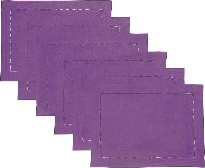 Solino Home Linen Cloth Placemats Set of 6-100% Pure Linen Hemstitch Purple Placemats 14 x 19 Inch - Classic Hemstitch Table Place Mats for Christmas, New Year