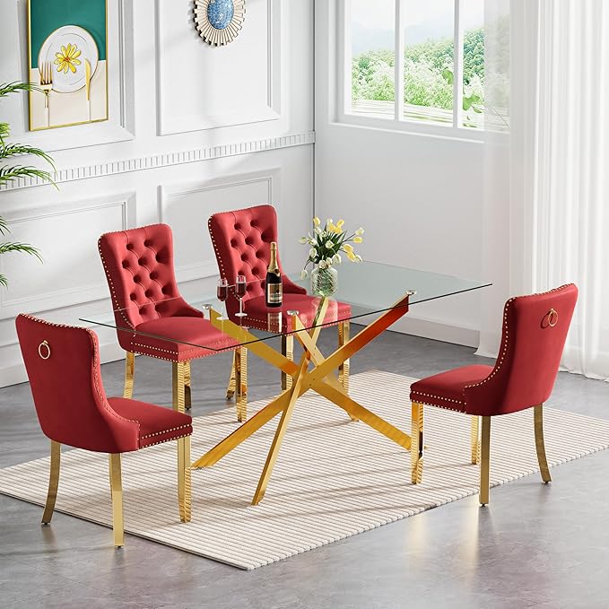 Rectangle Glass Dining Table Set for 4, 60'' Kitchen Table and Chairs Set, 5PCS Modern Dining Room Table Set with 4 Velvet Dining Chair for Home