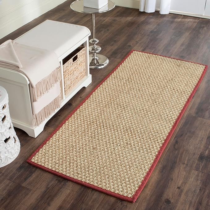 SAFAVIEH Natural Fiber Collection Runner Rug - 2'6" x 16', Natural & Red, Seagrass, Basketweave Pattern with Border (NF114D)