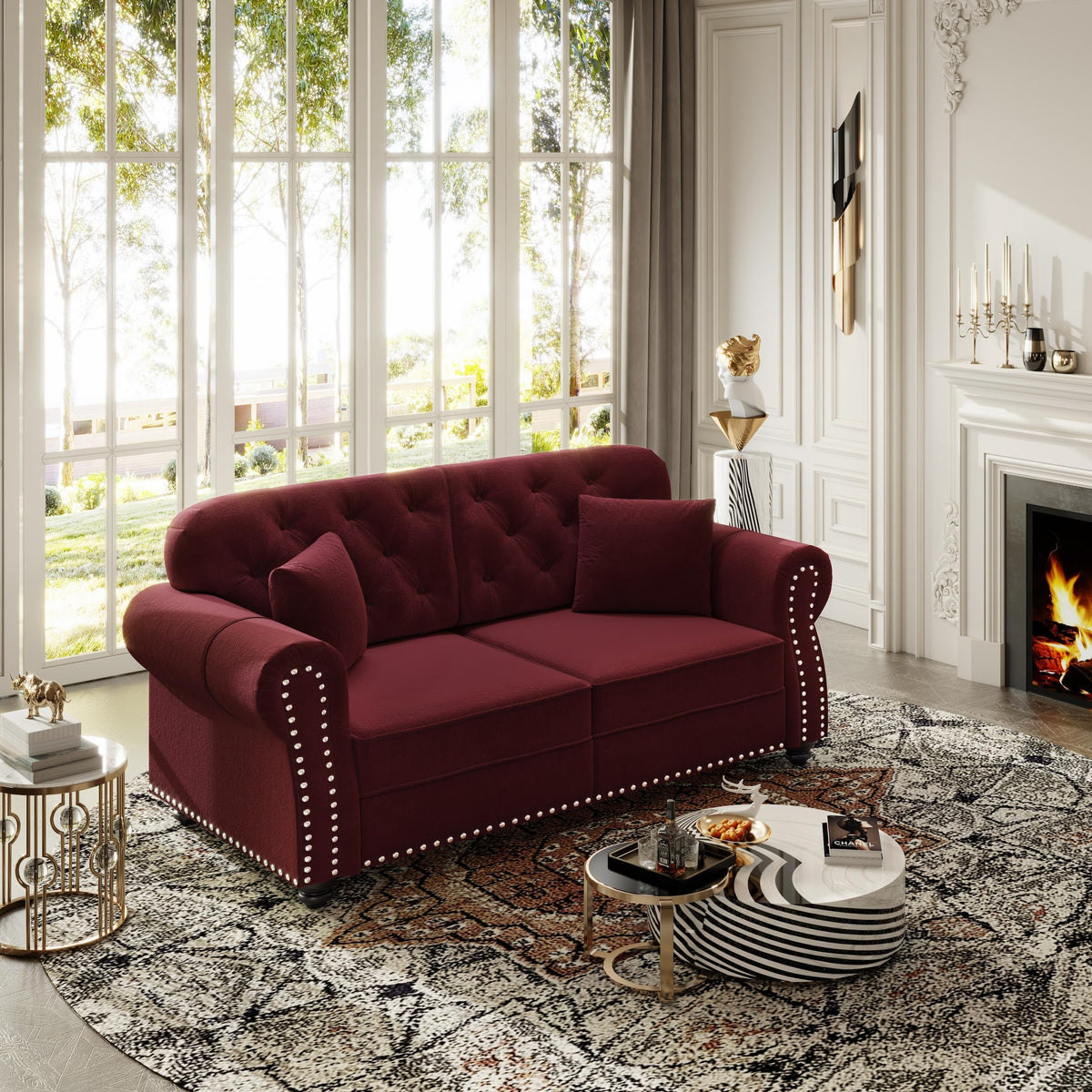 Gubaiao 63" Burgundy Velvet Chesterfield Sofa with Nailhead Trim and Rolled Arms, Mid-Century Modern Button Tufted Loveseat, Includes 2 Pillows, Living Room Accent Furniture