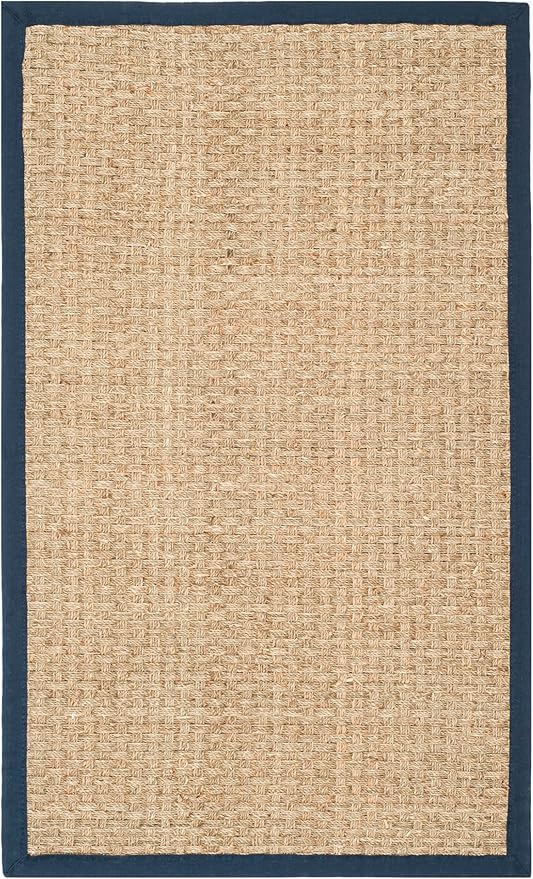 SAFAVIEH Area Rug 3x5 - Natural Fiber Collection - Natural & Blue, Border Basketweave Seagrass Design (NF114E)