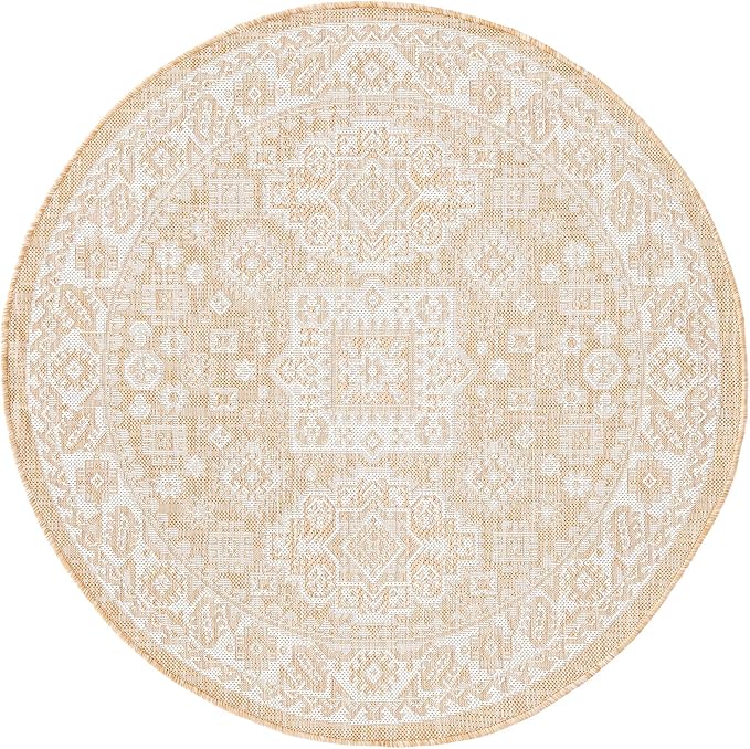 Rugs.com Outdoor Aztec Collection Rug – 4 Ft Round Natural Flatweave Rug Perfect for Kitchens, Dining Rooms