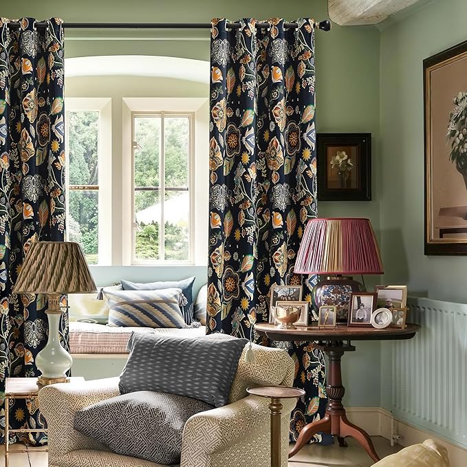 Elegant Luxury Black Out Curtains 96 Inch Long 2 Panel Set for Living Room 100% Blackout Navy Blue Floral Vintage Mid Century Print Patterned 8FT Length Foor to Ceiling Curtains Grommet Drapes 52x96
