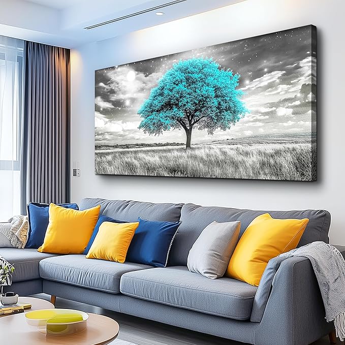 KELIYUAN Large Canvas Wall Art For Living Room Wall Decor For Bedroom Corridor Blue Tree Natural Scenery Full Of Stars Black And White Modern Printing Dining Room Kitchen Home Decoration 30 "X 60"
