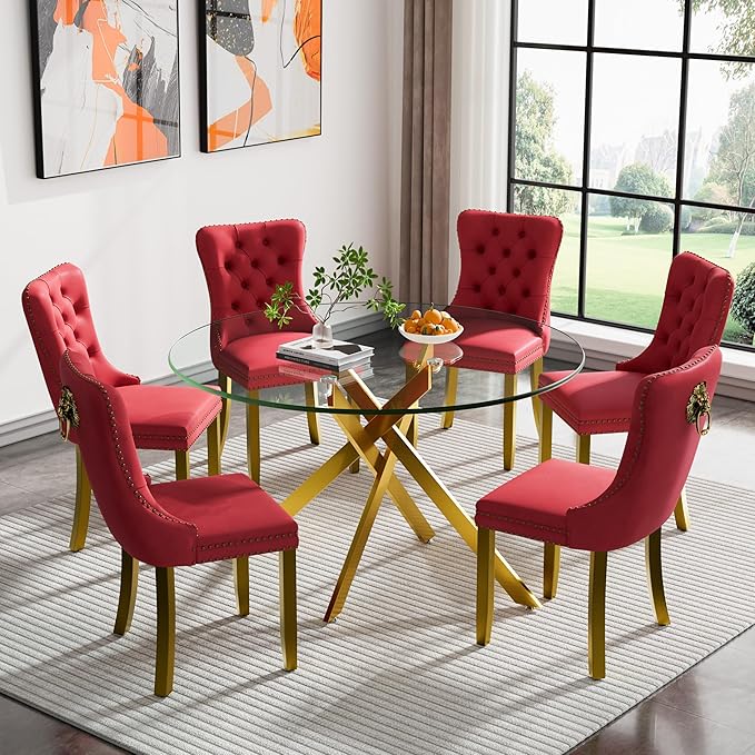 HomVent 7 Piece Round Glass Dining Table Set, Tempered Glass Dinner Table Set for 6 Kitchen Table Set with 6 Velvet Upholstered Chairs for Kitchen Dining Room