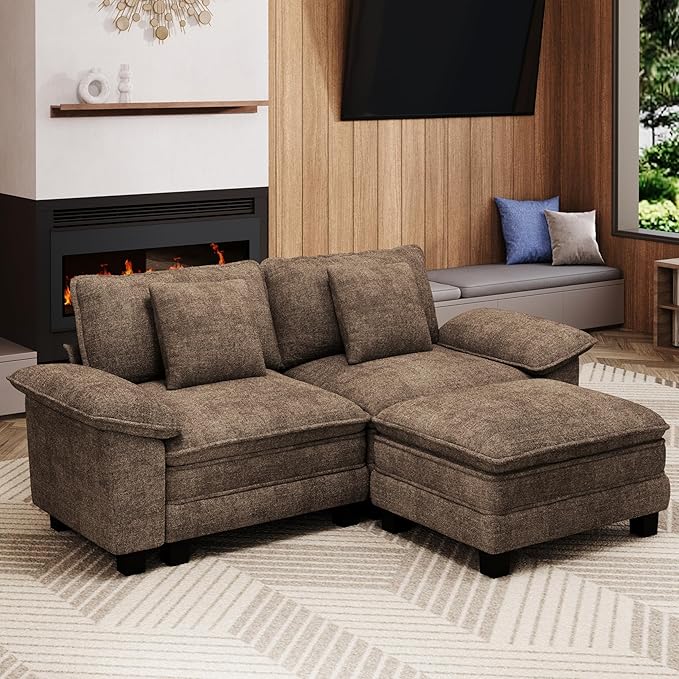 87-Inch L Shaped Sectional Sofa with Cloud Cushions, Deep Seat Modular Couch Set w/ 3 Seats & 1 Ottomans, Removable Arms, Plush Chenille Upholstery for Living Room, Apartment - Taupe