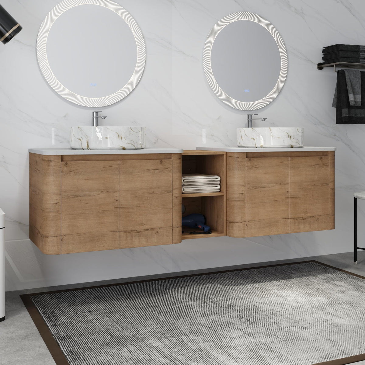 72" Bathroom Vanity with Double Sink, White Golden Ceramic Basin