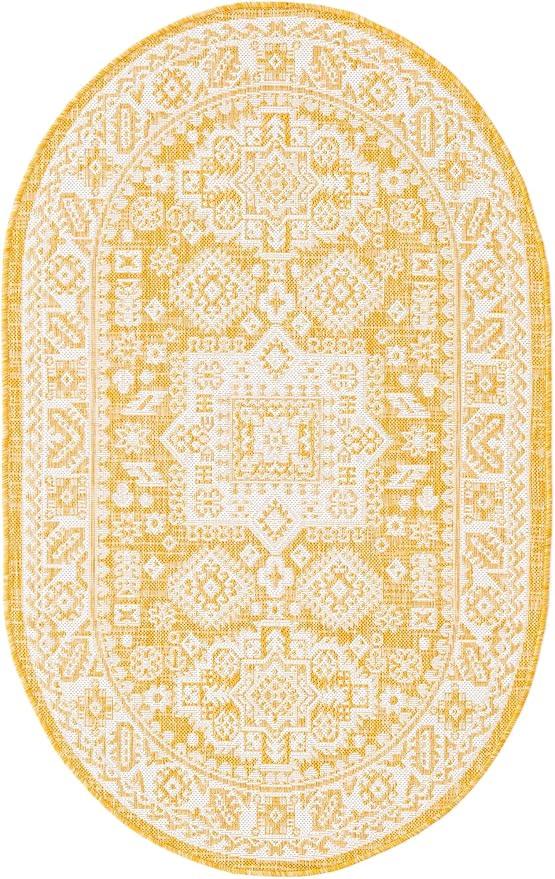 Rugs.com Outdoor Aztec Collection Rug – 3' x 5' Oval Yellow Flatweave Rug Perfect for Living Rooms, Large Dining Rooms, Open Floorplans