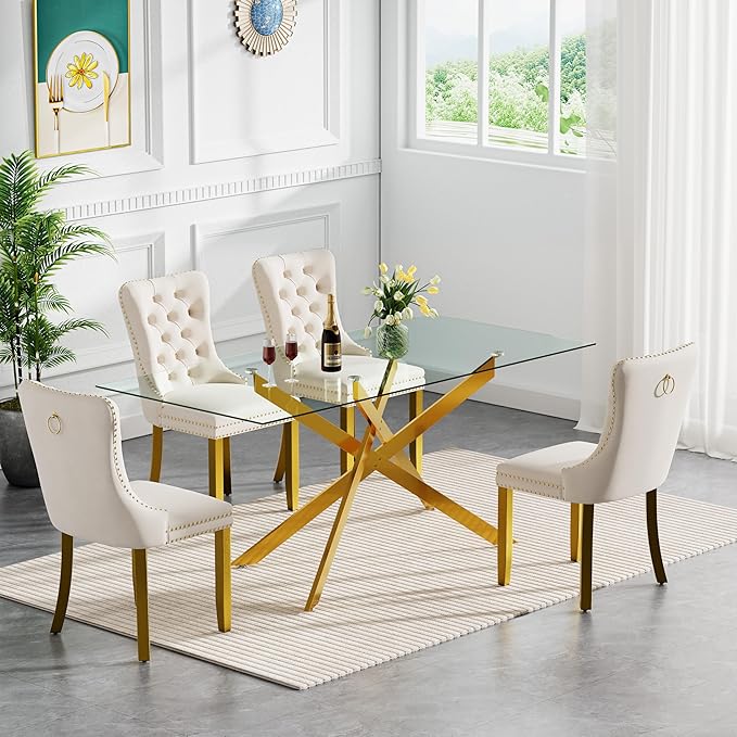 HomVent 5 Piece Rectangular Glass Dining Table Set, Tempered Glass Dinner Table Set for 4 Kitchen Table Set with 4 Velvet Upholstered Chairs for Kitchen Dining Room