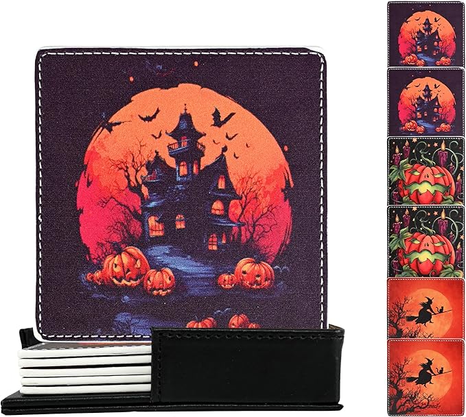 Marble Coasters Square Leather Drinks Coaster Set with Holder for Coffee Table Bar Home Decor 4 Inches Set of 6 (Halloween, One Size)