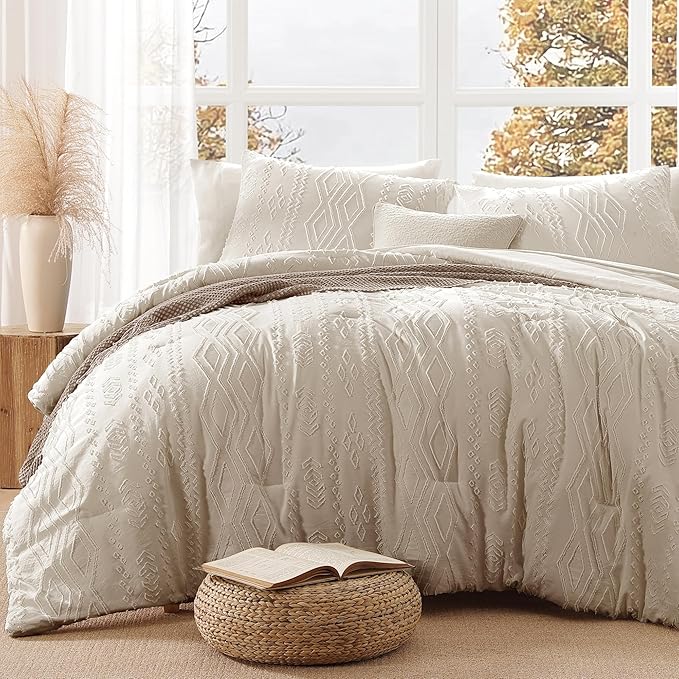 King Size Comforter Set Beige, Tufted Boho Bedding Farmhouse Bed Set, All Season 7 Pieces Bed in a Bag with Sheets, Pillowcases & Shams