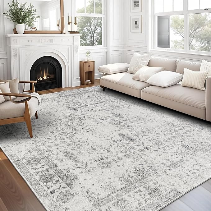 ReaLife Rugs Machine Washable Area Rug - Living Room Bedroom Bathroom Kitchen Entryway Office - Padded Low Pile Stain Resistant Premium - Boho Farmhouse Vintage - Noor - Ivory Grey 7'6" x 9'6"