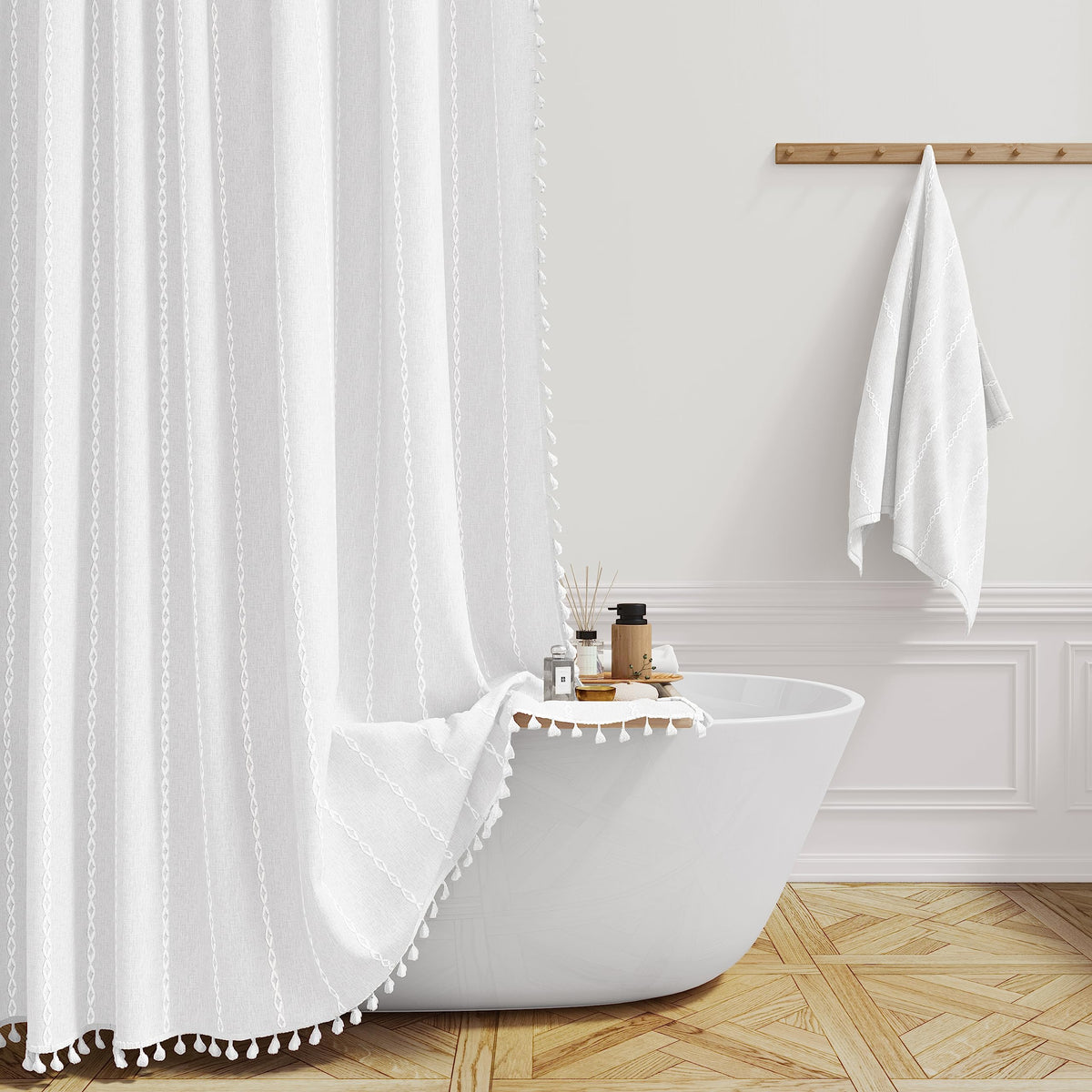 BTTN 72x84 Long Boho Farmhouse Linen Heavy Duty Shower Curtain Set, White