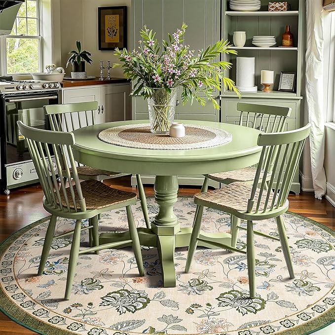 jinchan Elora 8ft Floral Round Rug for Washable Living Room Rug Vintage Romance Christmas Design Non Slip Indoor Floor Cover Lightweight Low-Profile Throw Carpet for Porch Patio, Green/Beige