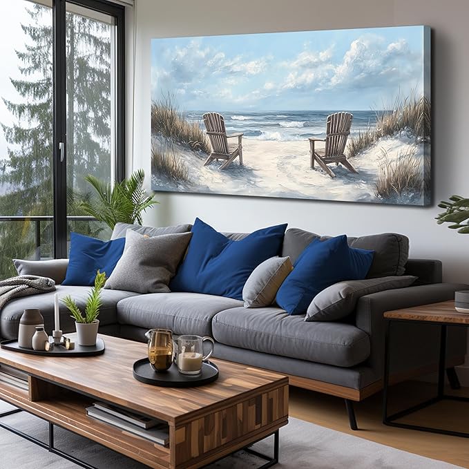 Ouzzlie Landscape Wall Art Coastal Wall Decor Light Blue Picture Art Print Beach Canvas Large Artwork for Living Room Bedroom Office 29" x 59"
