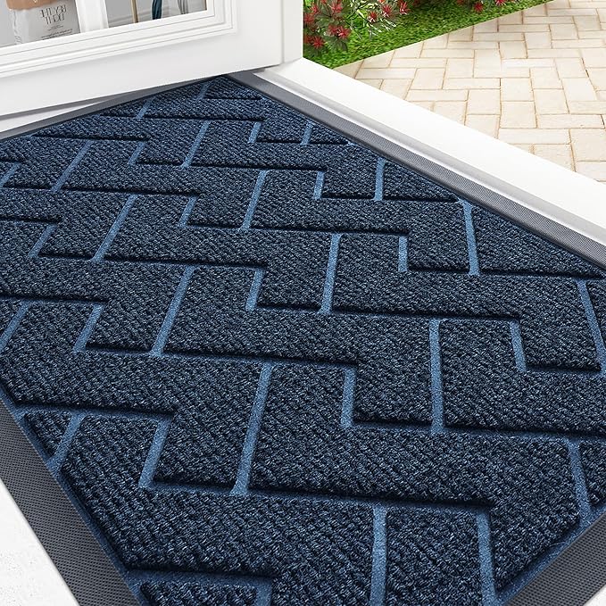 OLANLY Front Door Mat Indoor Outdoor Entrance, Waterproof All-Season, All-Weather Doormat, Sturdy Natural Rubber, Low Profile, Easy Clean Patio Porch Entryway Mat, Herringbone Brick (Blue, 47x17)