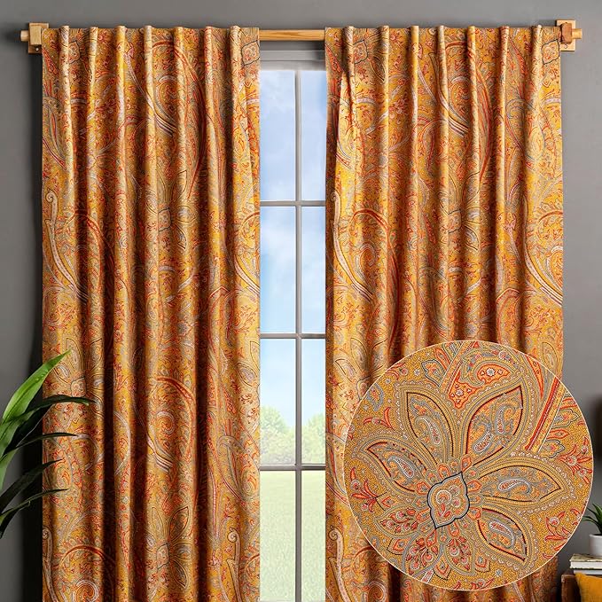 Maison d' Hermine Curtains for Living Room 100% Cotton 108 inch Length Two Panels Light Filtering Curtains for Bedroom Windows with Rod and Loop Pockets Drapes (Kashmir Paisley Gold, 50" W x 108" L)