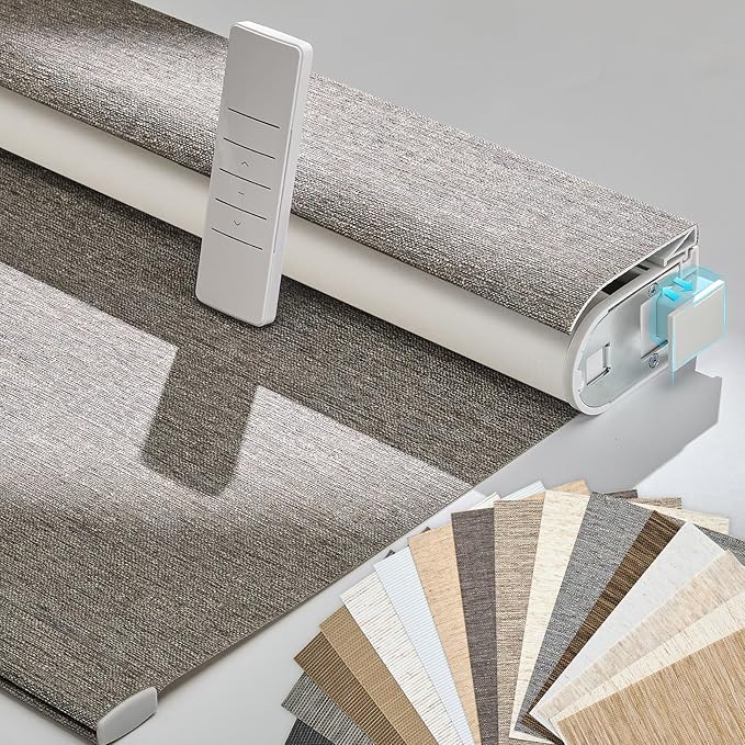Persilux Smart Motorized Blinds with Remote, No Drill Automatic Roller Shades for Indoor Windows, Blackout Linen Fabric, Electric Blinds for Windows, Linen Brown C156BO-4, Custom Size