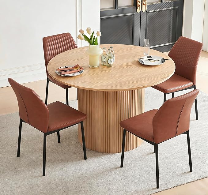 Pandolfni Dining Table Set for 4, 47" Wooden Round Kitchen Table with PU Leather Chairs for Kitchen Room and Small Spaces(Oak Table + 4 Brown Chairs)
