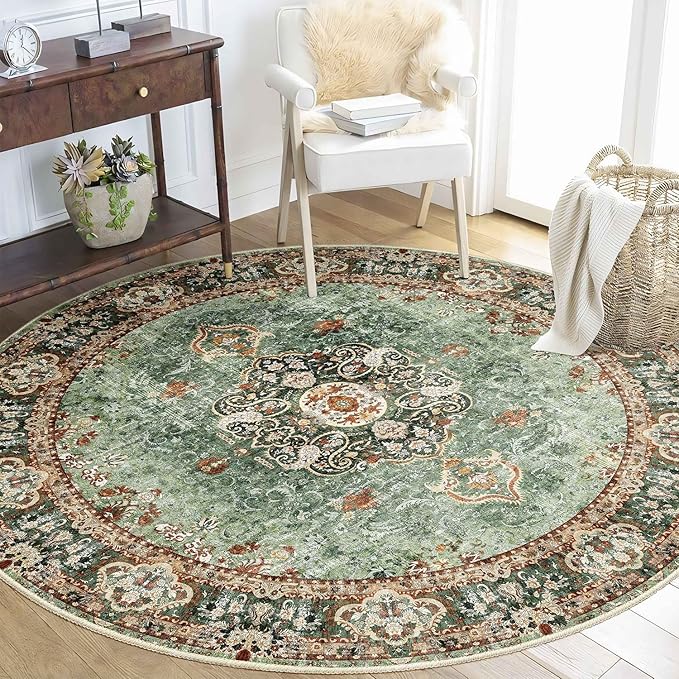 Green Round Rug 5ft, Circle Boho Area Rugs for Bedroom Living Room,Washable Vintage Bohemian Distressed Oriental Floral Carpet Non Slip,Sage
