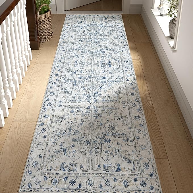 jinchan Lima Kitchen Runner Rug 2x8 - Vintage Floral Machine Washable Non-Slip Hallway Runner Rug with Rubber Backing Ultra-Thin Carpet for Bedroom Laundry Room Farmhouse (2x8ft, Blue)