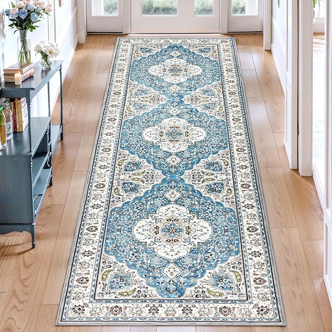 Ciicool Washable Runner Rug Non Slip, 2'x6' Blue Hallway Rug Vintage Kitchen Rugs Carpet for Bedroom Laundry Bathroom Decor