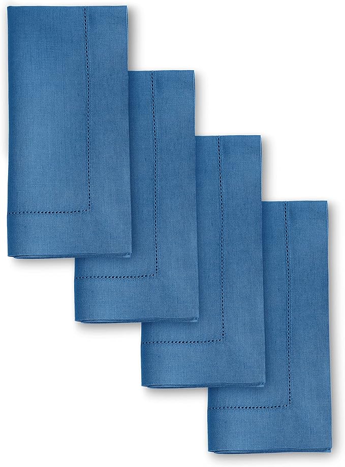 Solino Home Linen Napkins Set of 4 - Classic Hemstitch 100% Pure Linen Indigo Blue Dinner Napkins Cloth 20 x 20 Inch for Christmas, New Year - Handcrafted and Machine Washable