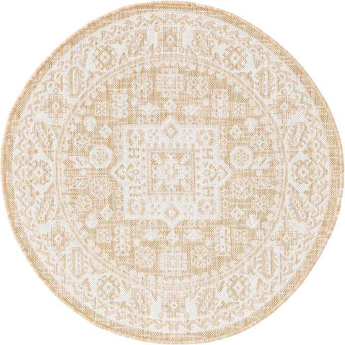 Rugs.com Outdoor Aztec Collection Rug – 3 Ft Round Natural Flatweave Rug Perfect for Kitchens, Dining Rooms
