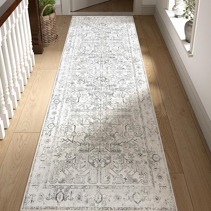 jinchan Lima Kitchen Runner Rug 2x8 - Vintage Floral Machine Washable Non-Slip Hallway Runner Rug with Rubber Backing Ultra-Thin Carpet for Bedroom Laundry Room Farmhouse (2x8ft, Taupe)