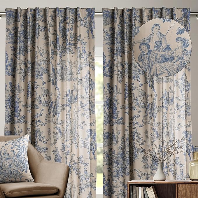 Maison d' Hermine Curtains for Living Room 100% Cotton 96 inch Length Two Panels Light Filtering Toile Curtains for Bedroom Windows with Rod and Loop Pockets Drapes (The Miller Blue, 50" W x 96" L)