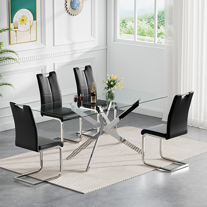 HomVent 5 Piece Rectangular Glass Dining Table Set, Rectangular Glass Kitchen Table Set for 4 with 4 PU Upholstered Dining Chairs for Kitchen Dining Room