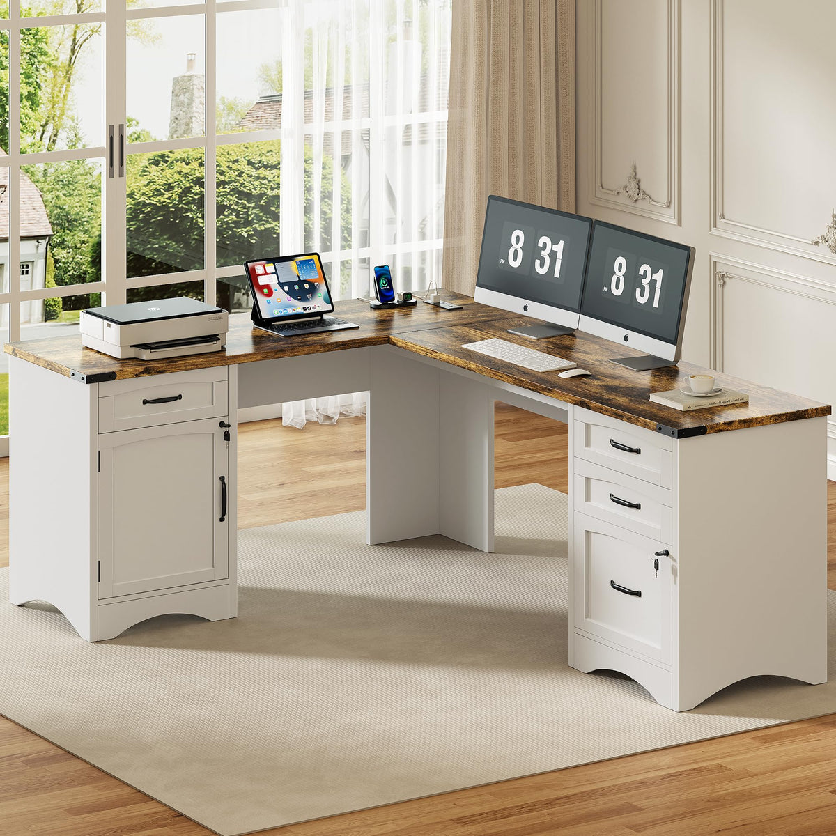 Decofy 67" L-Shaped Executive Desk, Office Desk & Charging Station, White