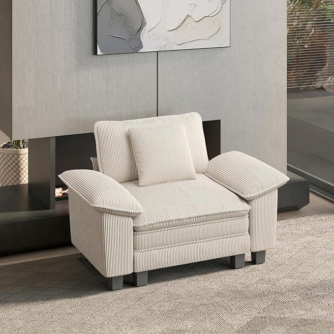 HERA'S HOUSE 54" Modular Sectional Sofa Couches for Living Room, Comfy Cloud Couch 1-Seater Deep Seat Sofa with Throw Pillow, Corduroy Beige