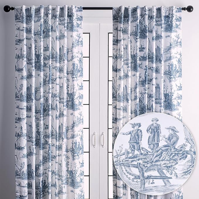 Maison d' Hermine Curtains for Living Room 100% Cotton 84 inch Length Two Panels Light Filtering Toile Curtains for Bedroom with Rod and Loop Pockets (Calais Blue (White Background), 50" W x 84" L)