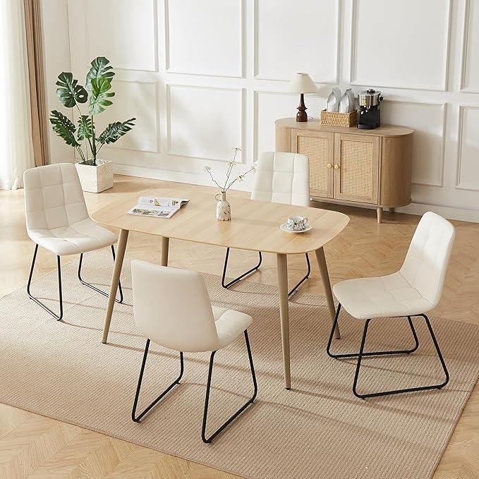 55'' Scratch Resistant Modern Wood Dining Table for 4 with Leather U-Shaped Chairs - Kitchen Dining Room Furniture (Easy to Assemble, Pet Friendly Surface, White Chair