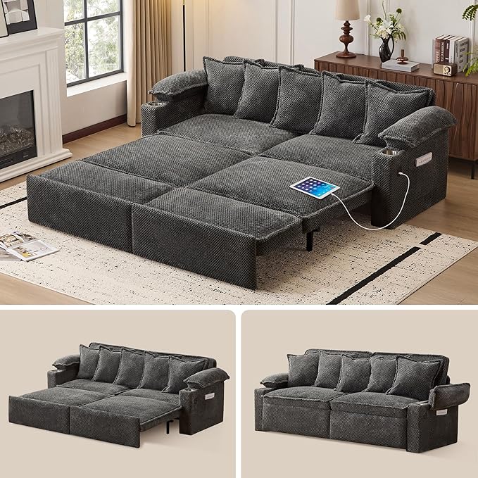 83" King Size Pull Out Sofa Bed, 4-in-1 Convertible Sleeper Sofa Bed with USB Ports, Cup Holders, Side Pockets, Corduroy Oversized Loveseat Chaise Lounge for Living Room, Small Space (Dark Gray)