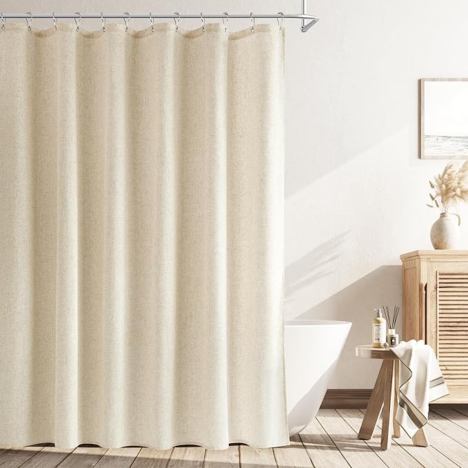 Naturoom Long Linen Shower Curtain, 80 Inch Weighted Cloth Bathroom Shower Curtain, Neutral Tone Burlap Woven Look Country Style Hotel Luxury Bath Curtains Set with Hooks, 72x80, Cream Beige