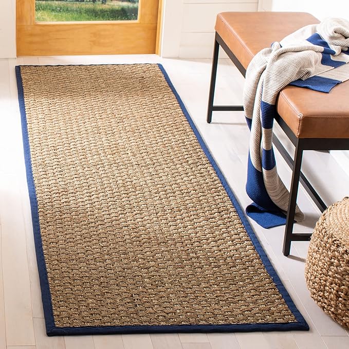 Safavieh Natural Fiber Collection Runner Rug - 2'6" x 22', Natural & Blue, Seagrass, Basketweave Pattern with Border (NF114E)