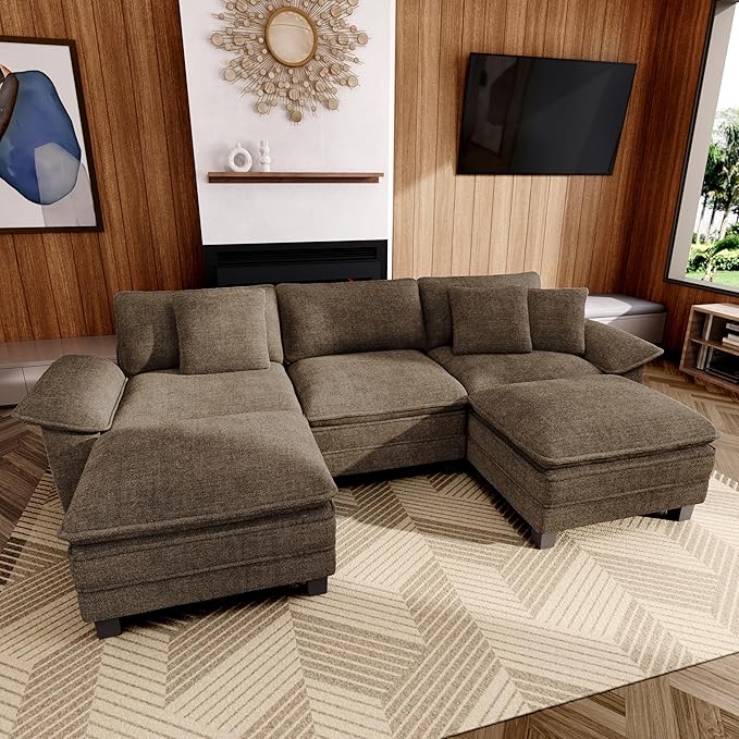 123-Inch U Shaped Sectional Sofa with Cloud Cushions, Deep Seat Modular Couch Set w/ 5 Seats & 2 Ottomans, Removable Arms, Plush Chenille Upholstery for Living Room, Apartment - Taupe