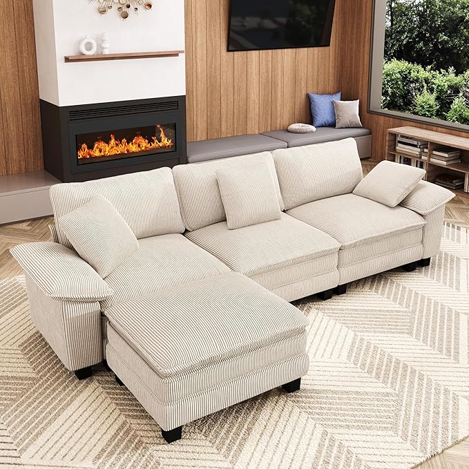 123-Inch L Shaped Sectional Sofa with Cloud Cushions, Deep Seat Modular Couch Set w/ 4 Seats & 1 Ottomans, Removable Arms, Plush Corduroy Upholstery for Living Room, Apartment - Beige
