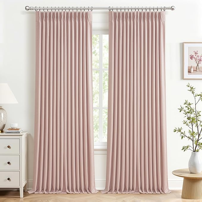 Light Pink Extra Long Floor to Ceiling Curtains 108 Inches Long for Kids Room, Memory Trained Pinch Pleated Blackout Insulated Two Layer Linen Drapes with Hooks Rings Privacy Luxury Curtain 2 Panels