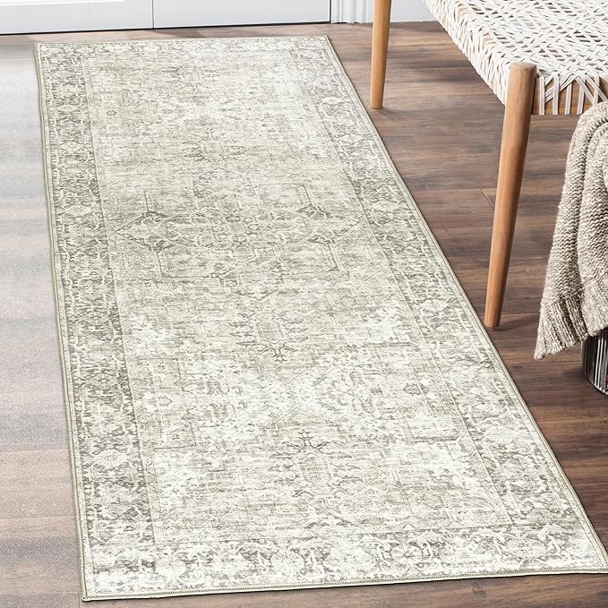 ReaLife Rugs Machine Washable Area Rug Runner - Living Room Bedroom Bathroom Kitchen Entryway Office - Padded Low Pile Stain Resistant Premium - Boho Farmhouse Vintage - Lyle - Beige Ivory 2'6" x 10'