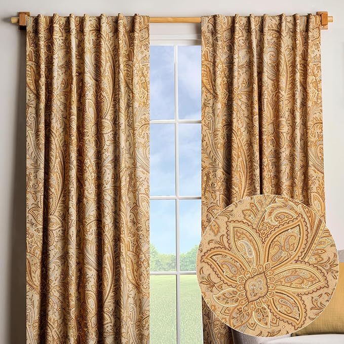 Maison d' Hermine Curtains for Living Room 100% Cotton 108 inch Length Two Panels Light Filtering Curtains for Bedroom Windows with Rod and Loop Pockets Drapes (Kashmir Paisley Sepia, 50" W x 108" L)