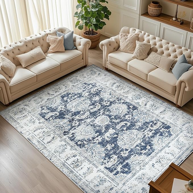 jinchan Fiora 10x12 Area Rugs for Living Room - Machine Washable Vintage Floral Distressed Design Stain Resistant Carpet Low Pile Non-Slip Large Rug for Bedroom Dining Room (10'x12', Dark Blue)