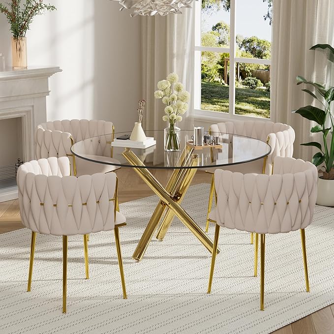 5 Pieces Modern Round Glass Dining Table Set, Clear Circular Glass Top Dinner Room Set, 47'' Gold Luxury Circle Kitchen Table Set for 4, Ivory Woven Chairs Set, for Large Place Home