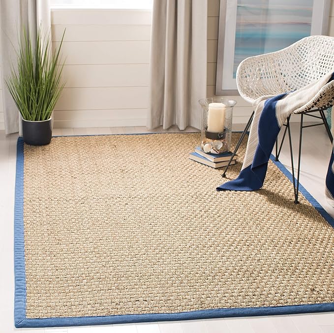 SAFAVIEH Area Rug 6' Square - Natural Fiber Collection - Natural & Navy, Seagrass, Basketweave Pattern with Border (NF114T)